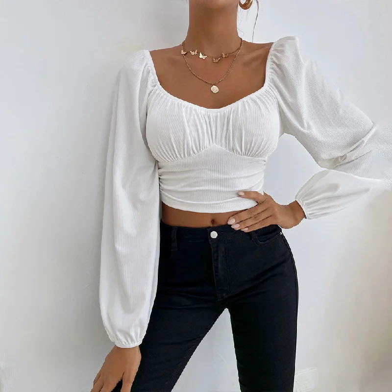 Sexy Slim Pleats Puff Sleeves Solid Color T-Shirt Wholesale Crop Tops