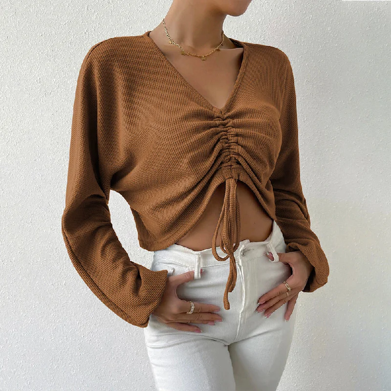 Sexy V-Neck Waffle Drawstring Long Sleeve T-Shirt Wholesale Crop Tops