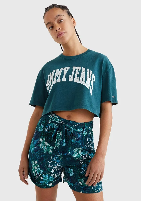 Tommy Jeans Womens Crop College T-Shirt, Rainforest Green