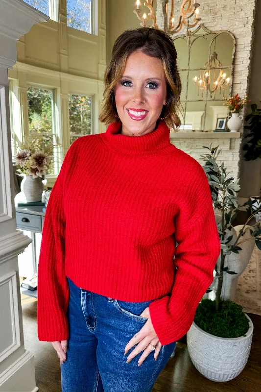 Turtleneck Ribbed Knit Red Cropped Sweater